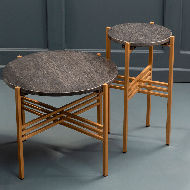 Varana Black Marble and Gold Finish Set of 2 Round Side Tables