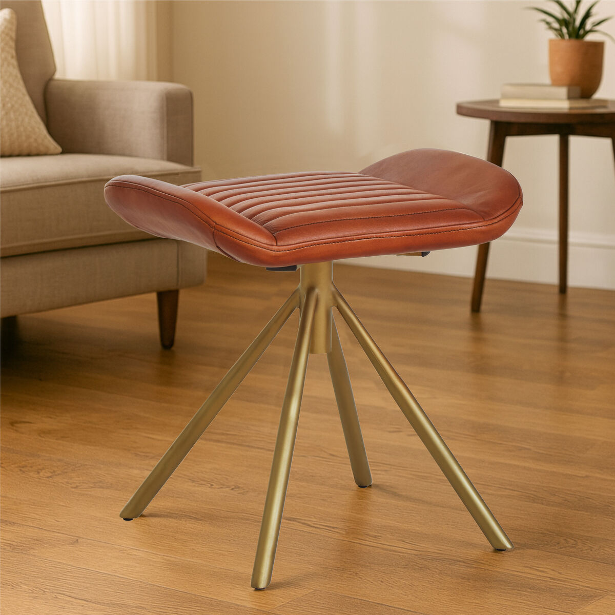Buffalo Tan Leather Footstool with Gold Finish Legs