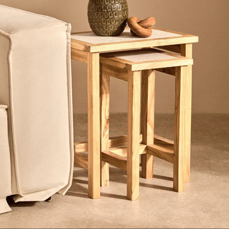 Womad Cream Travertine and Wooden Small Set of 2 Side Tables
