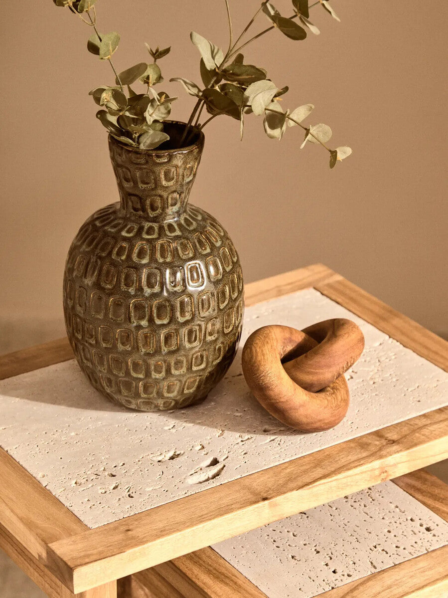Womad Cream Travertine and Wooden Small Set of 2 Side Tables