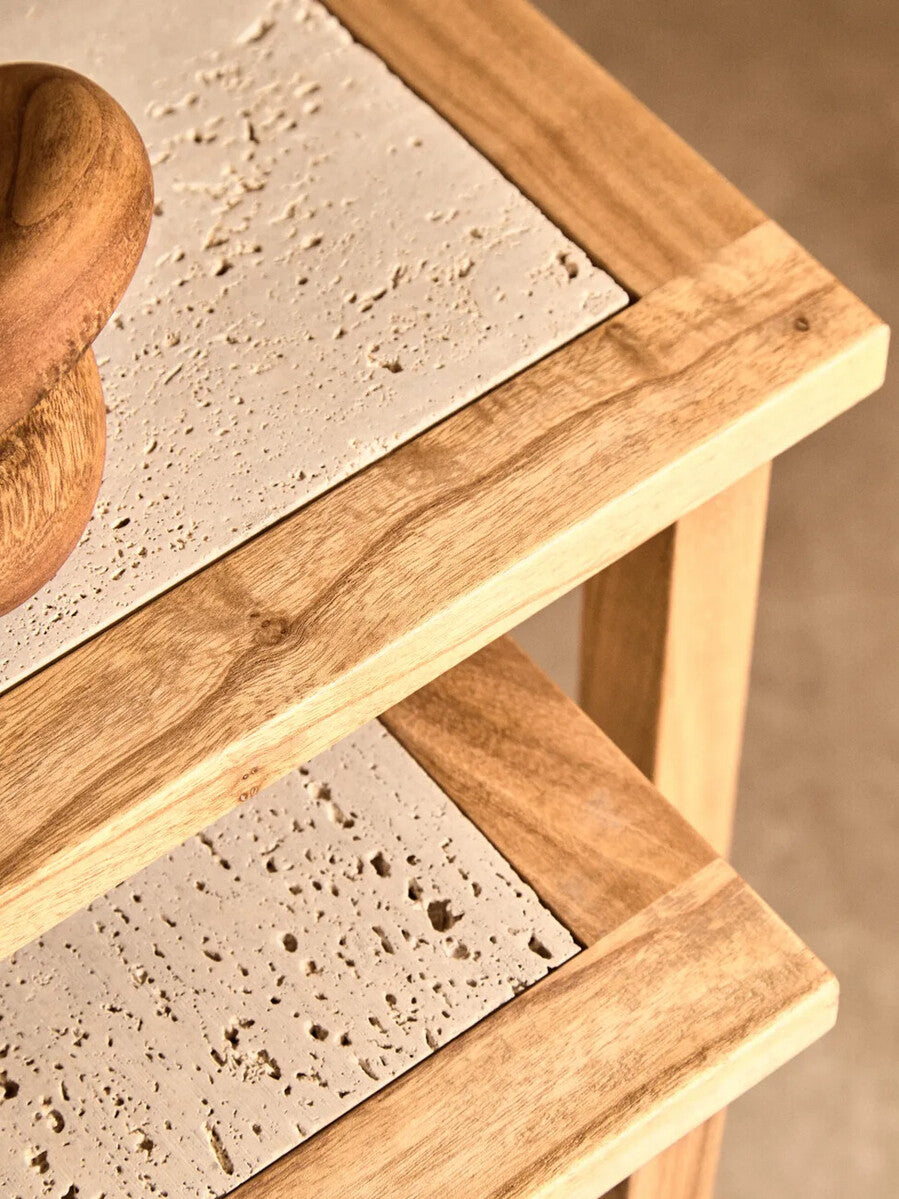 Womad Cream Travertine and Wooden Small Set of 2 Side Tables