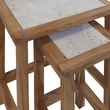 Womad Cream Travertine and Wooden Small Set of 2 Side Tables