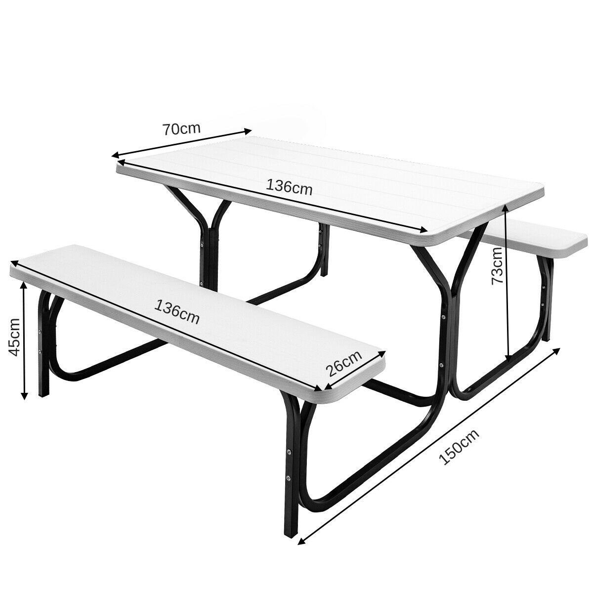 Picnic Table Bench Set with Metal Base Wood for Outdoor-Black