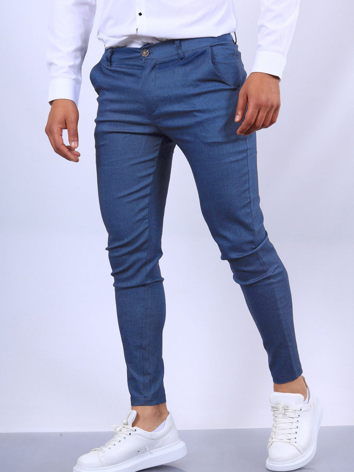 Men's Slim Button Trousers Fashion Solid Office Versatile Long Pencil Pants