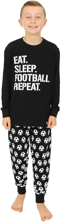 Boys Eat Sleep Football Repeat White Long Pyjamas Gamer Cotton Size 9-10 Year