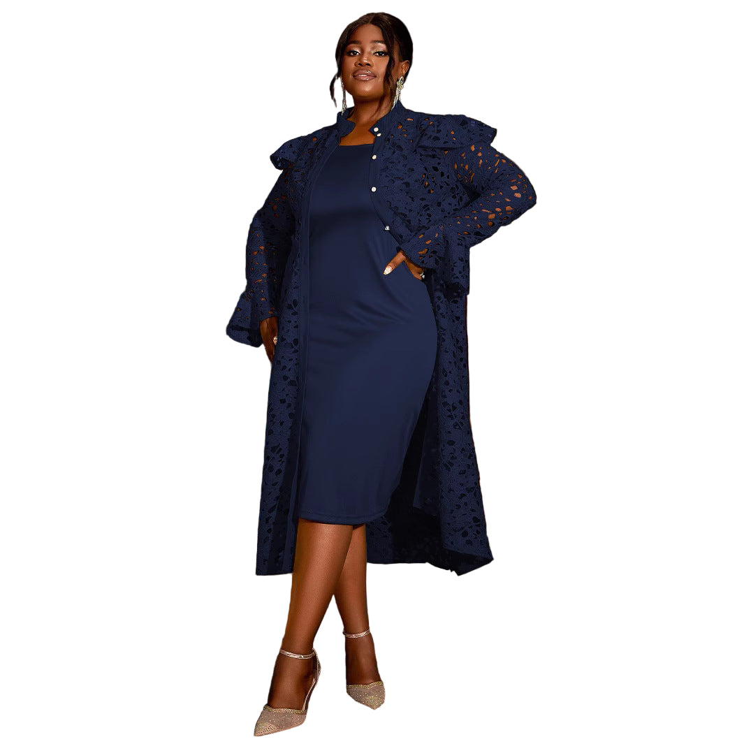 Chic Lace Coat Dress with Half-Turtleneck & Cardigan-Style Layering