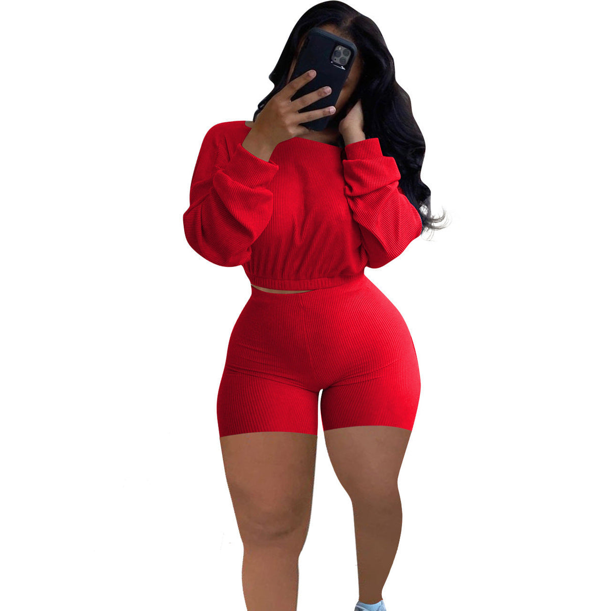 Sunken Stripe Solid Color Off-the-shoulder Two-piece Set