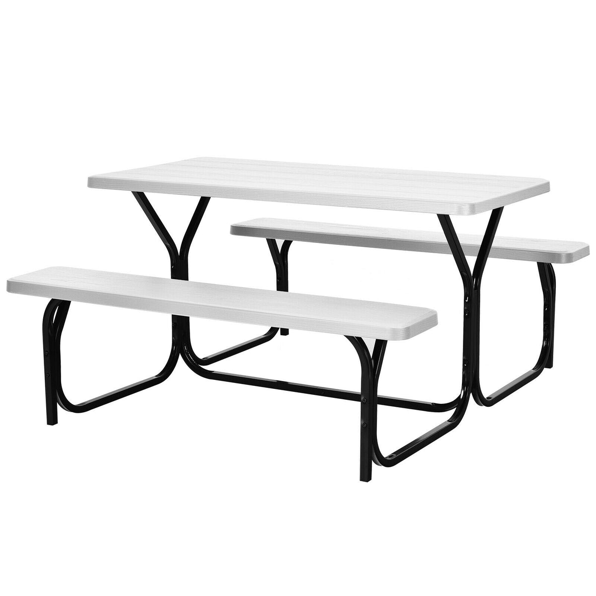 Picnic Table Bench Set with Metal Base Wood for Outdoor-Black
