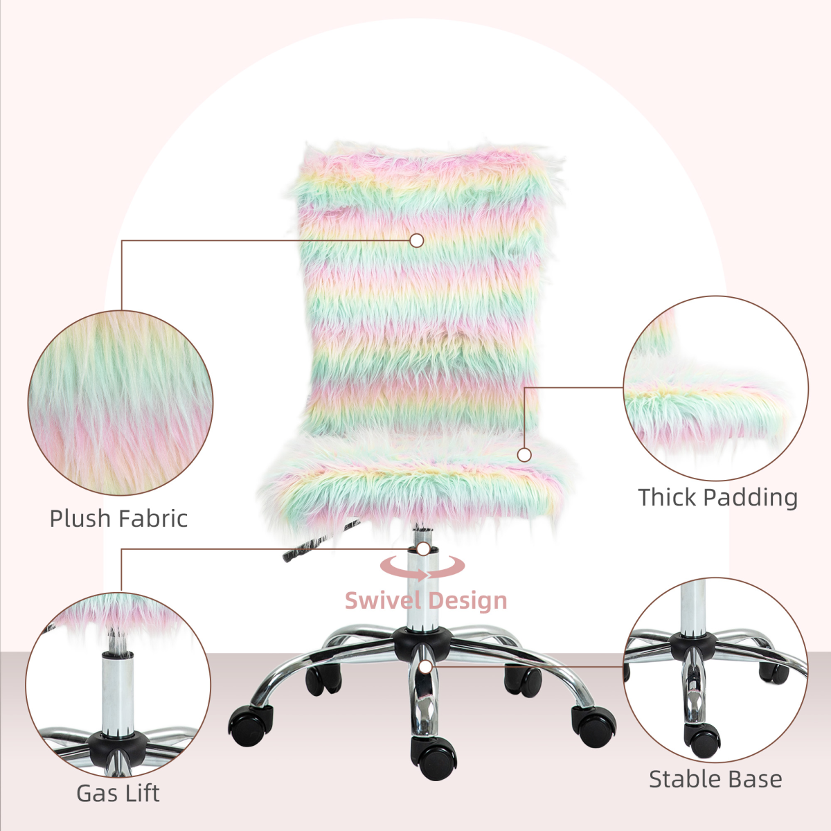 HOMCOM Fluffy Makeup Vanity Chair with No Arm, Swivel Wheels, Unicorn Tone