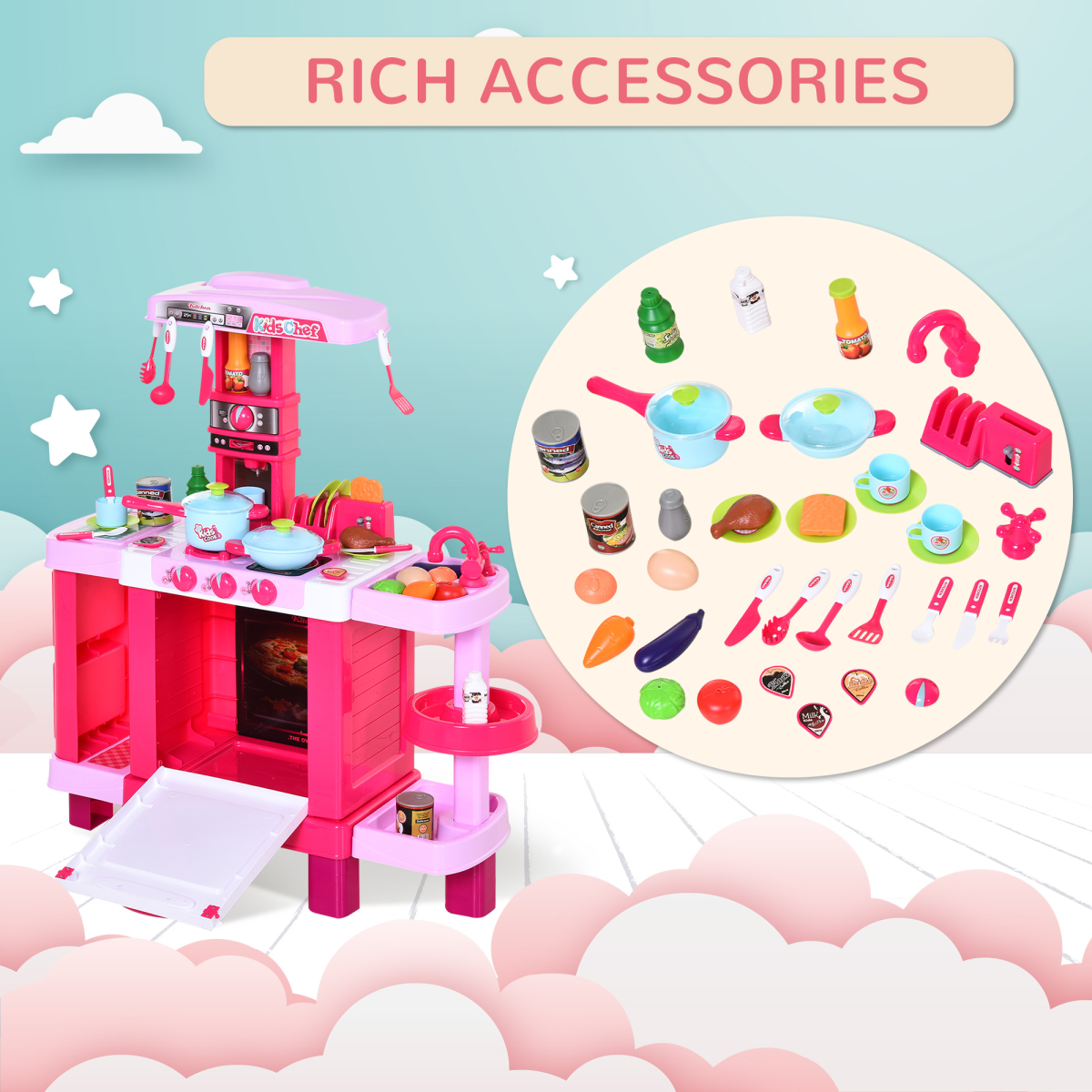 38-Piece Children's Kitchen Play Set Realistic Sounds Lights Food Pink
