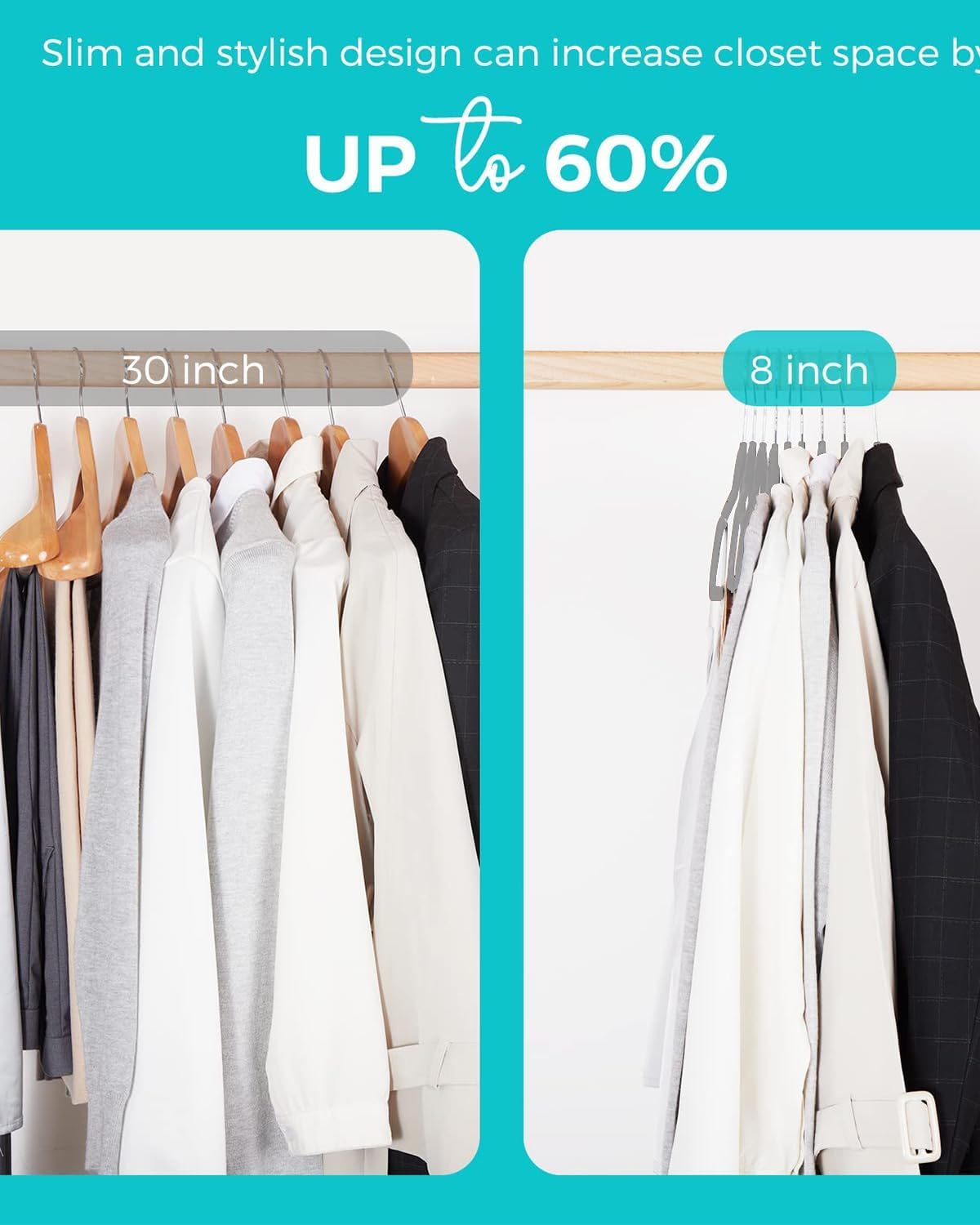 HOUSE DAY 60-Pack Grey Velvet Hangers, Non-Slip, Space-Saving, 360° Rotating