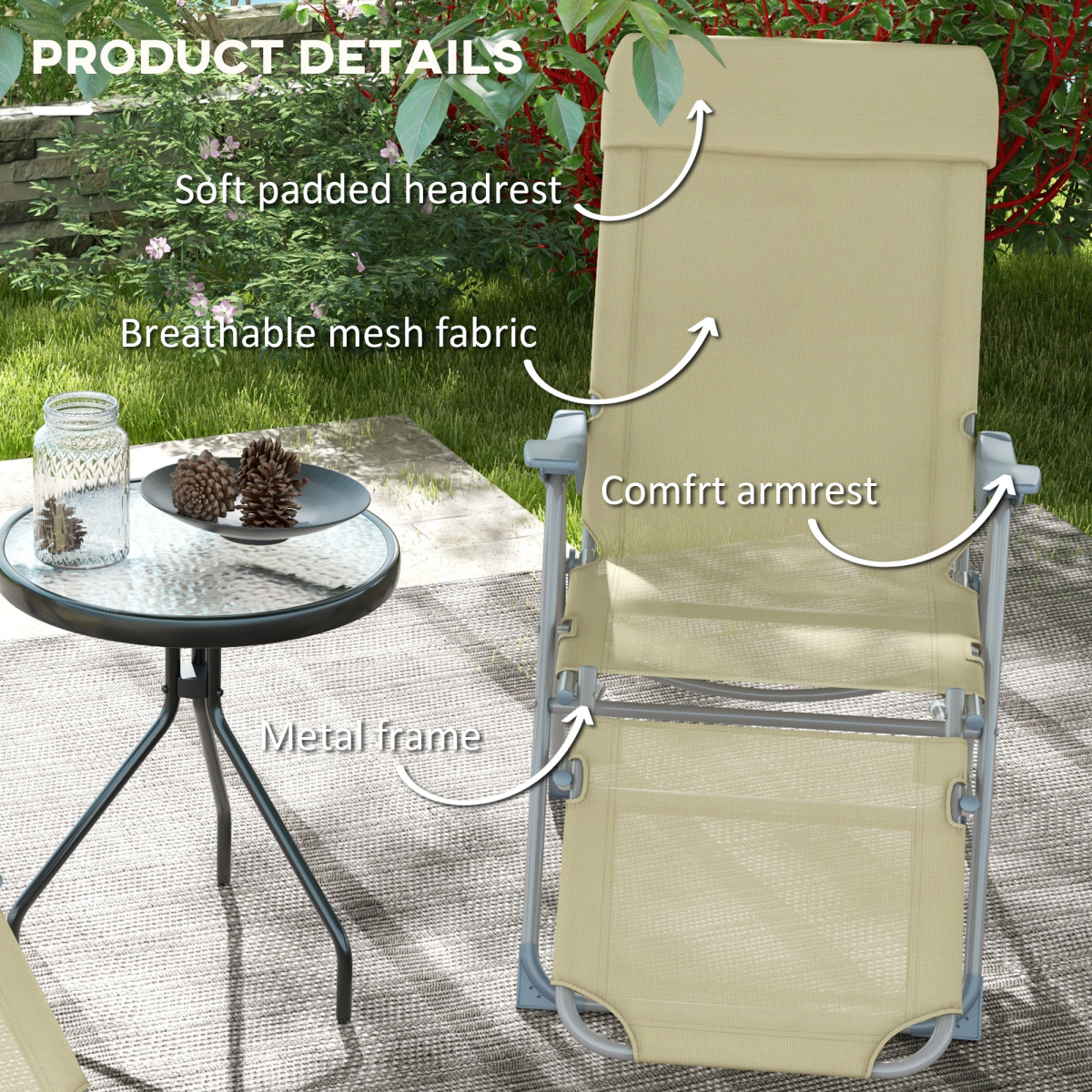Outsunny Reclining Garden Chairs Set of 2 with 5-level Adjustable Backrest Beige