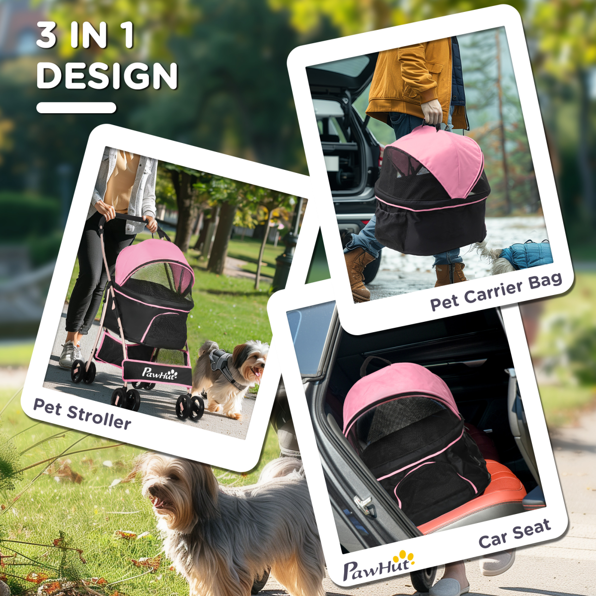 PawHut 3 In 1 Pet Stroller, Detachable Dog Cat Travel Carriage - Pink