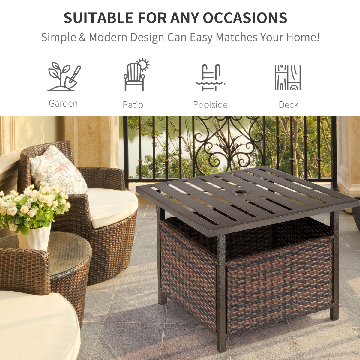 Outsunny Outdoor Rattan Coffee Table w/ Umbrella Hole Fit for Garden Backyard