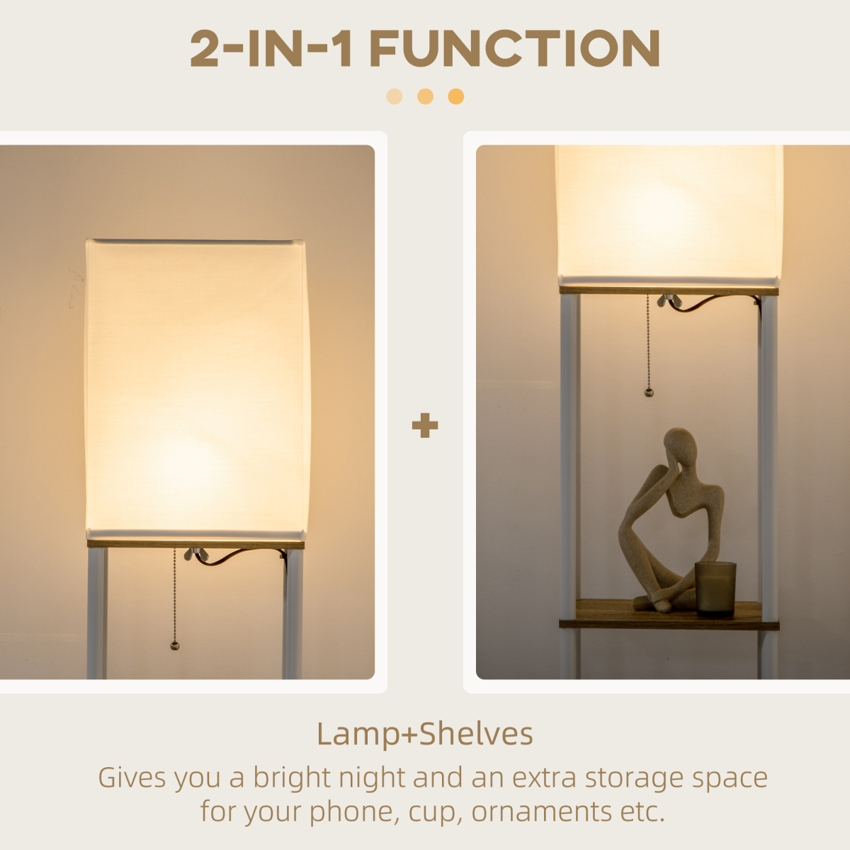 HOMCOM Modern Floor Lamp with Shelves and Fabric Lampshade for Living Room