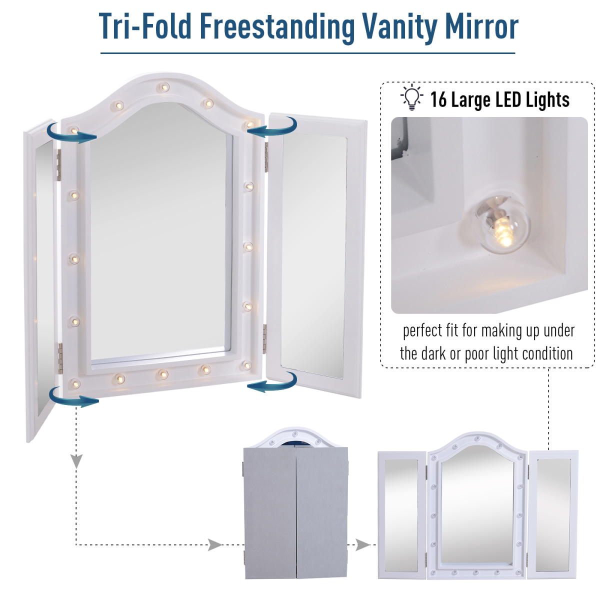 Lighted Tri-Fold Vanity Mirror Large Cosmetic Mirror  LED Lights White