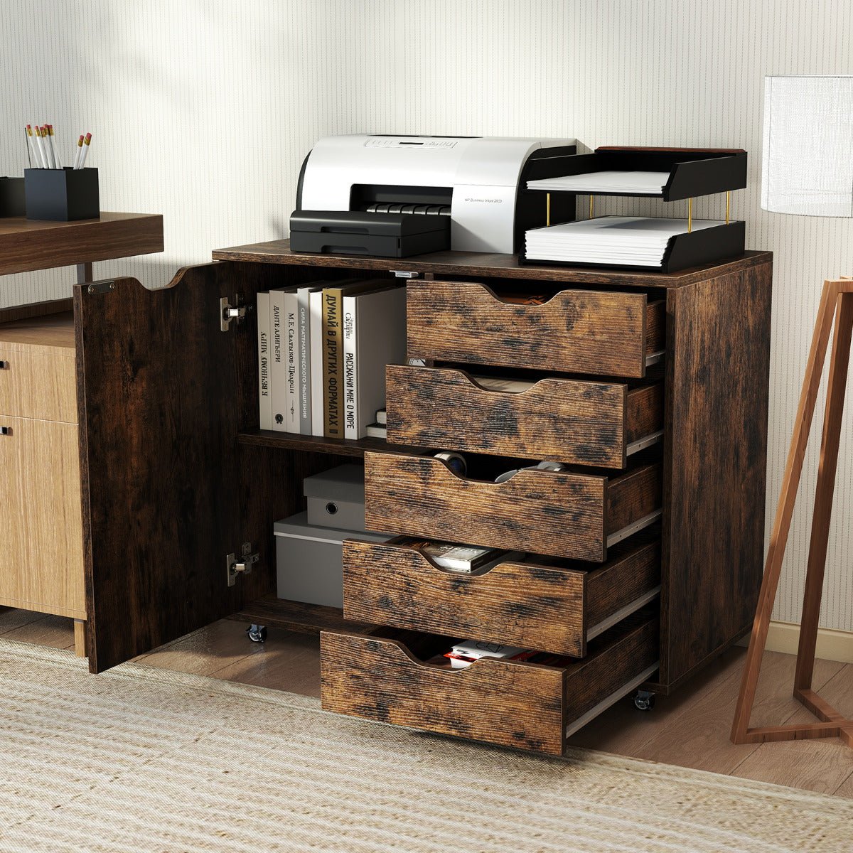 5-Drawer Chest with Door and Adjustable Shelf-Black