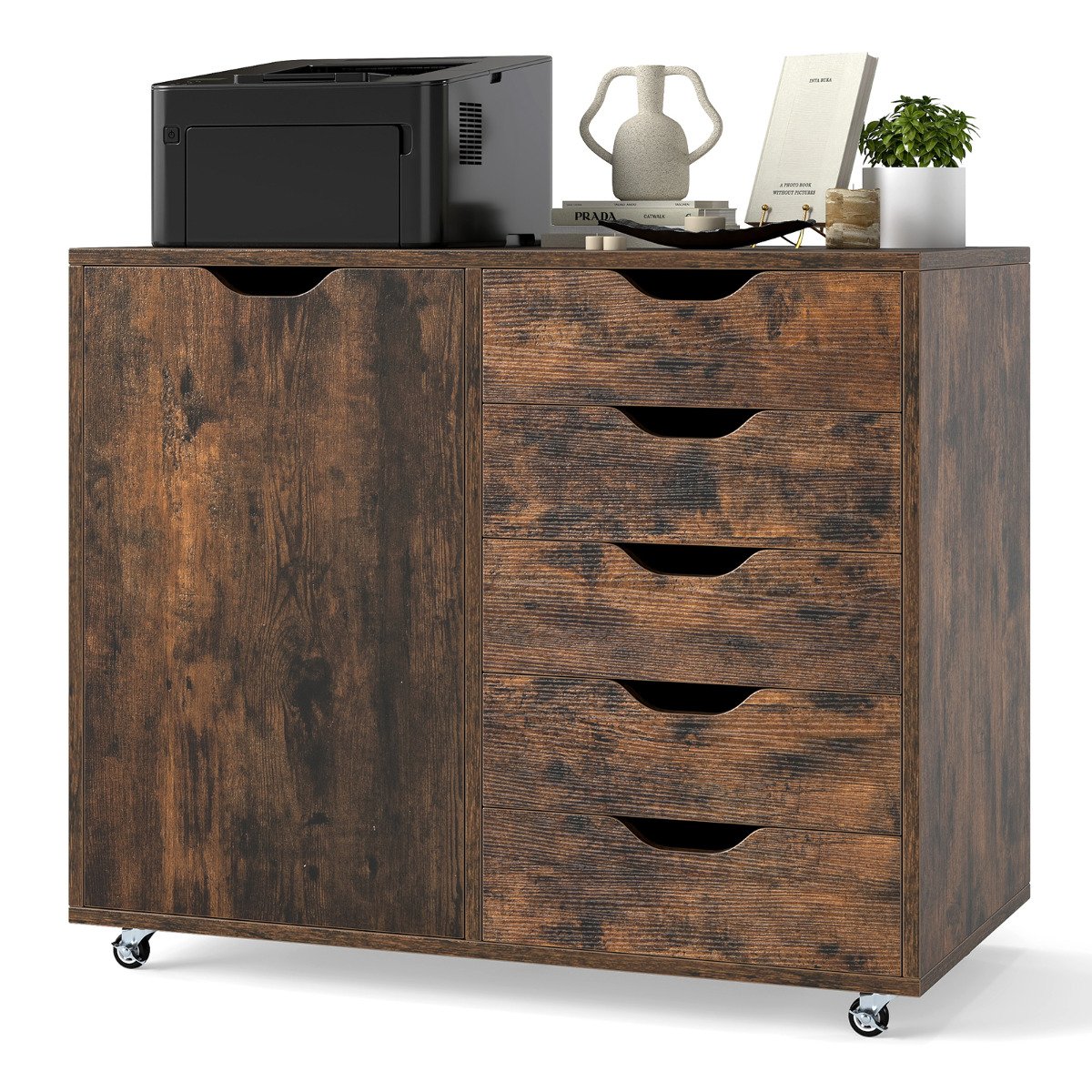 5-Drawer Chest with Door and Adjustable Shelf-Black