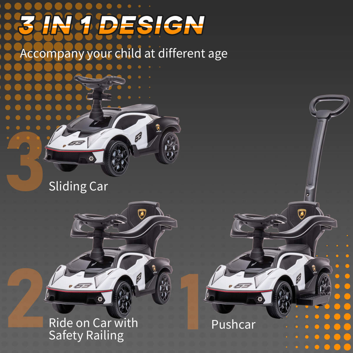 Lamborghini 2 in 1 Baby Ride on Push Car Toddler Push Along Car, White