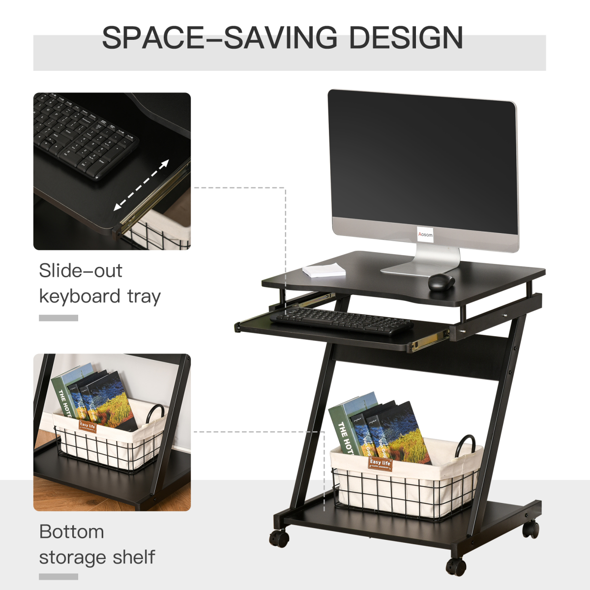 Movable Computer Desk with 4 Moving Wheels Sliding Keyboard Tray Black