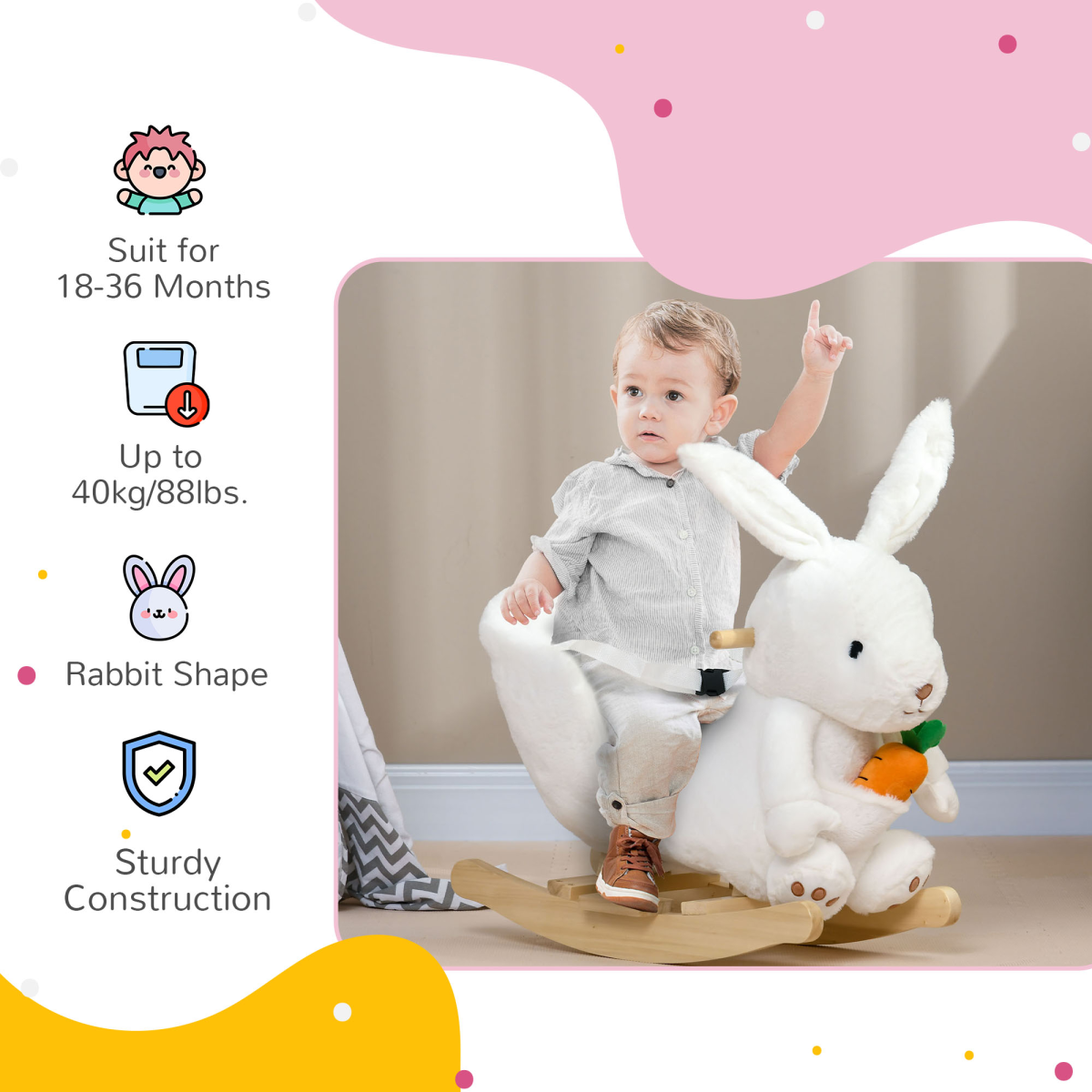 HOMCOM Kids Rabbit-Shaped Rocking Horse with Realistic Sounds Safety Belt  White