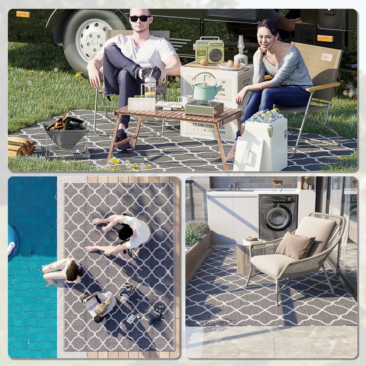 Reversible Outdoor Rug W/ Carry Bag for RV Camping Beach, 182 x 274 cm, Grey