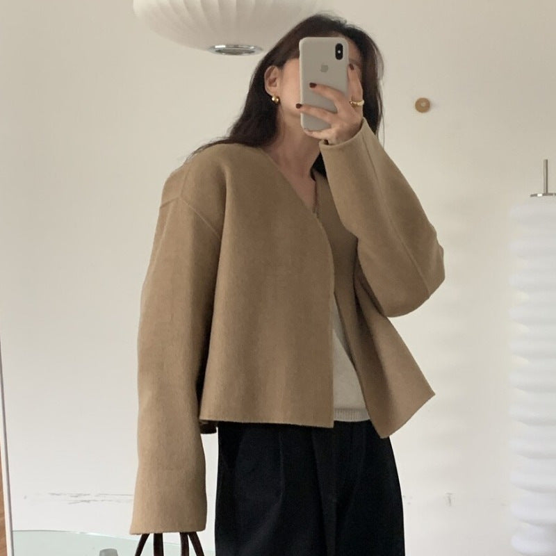 Stylish Graceful Simple Small V-neck Loose Woolen Coat