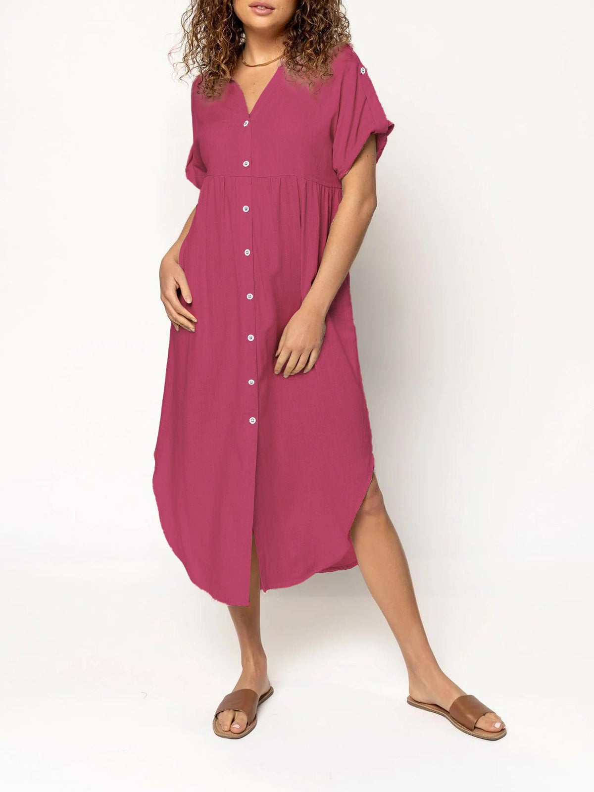 Loose Temperament Casual Solid Color Buttons Mid-length Dress