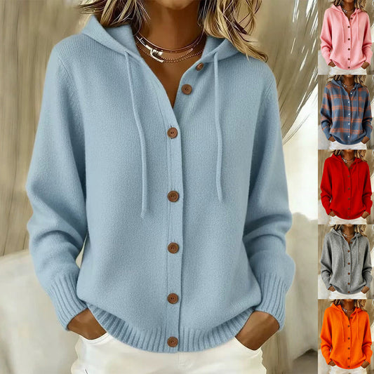 Women's American Style Relaxed Fit Hooded Cardigan - Casual Loose Knit Sweater Jacket for Daily Wear