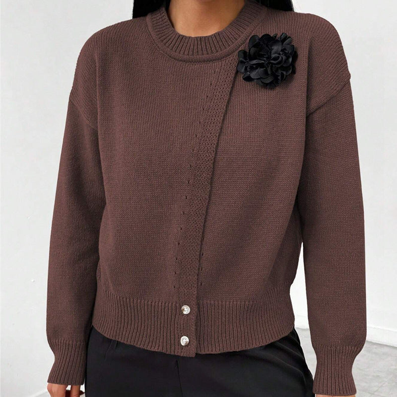 Women's Premium Elegant Solid Color Buttons Black Flower Knitted Pullover