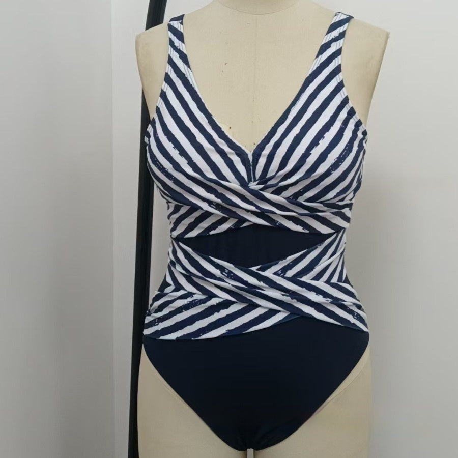 Women's Sleeveless Summer Casual Striped One-piece Tight Swimsuit