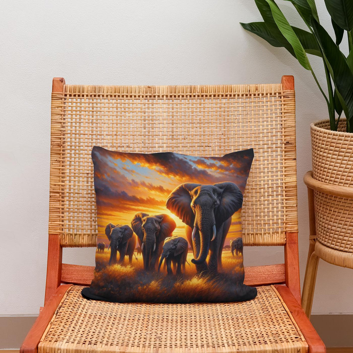 Elephant Savannah Sunset Cotton Cushion