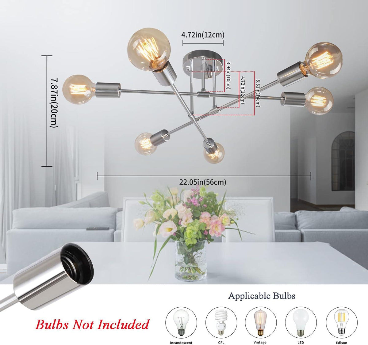 Sputnik Ceiling Light Chrome Metal 6 Light Semi Flush E27 Modern JHLBYL