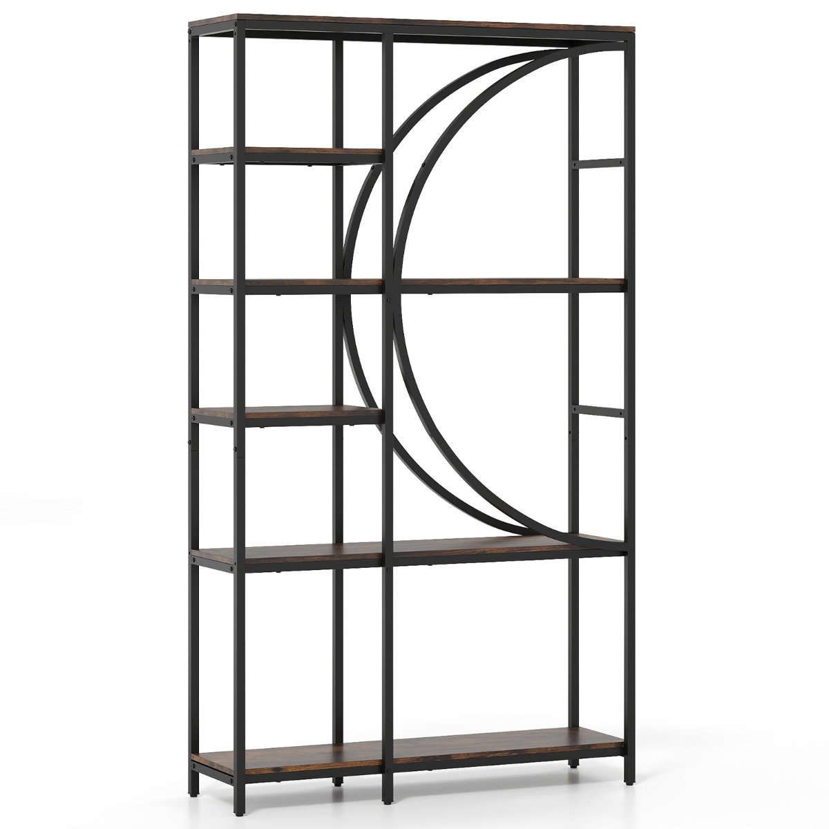 6-Tier Industrial Etagere Bookshelf with Open Storage Shelves and Arc-Shaped Design-Natural
