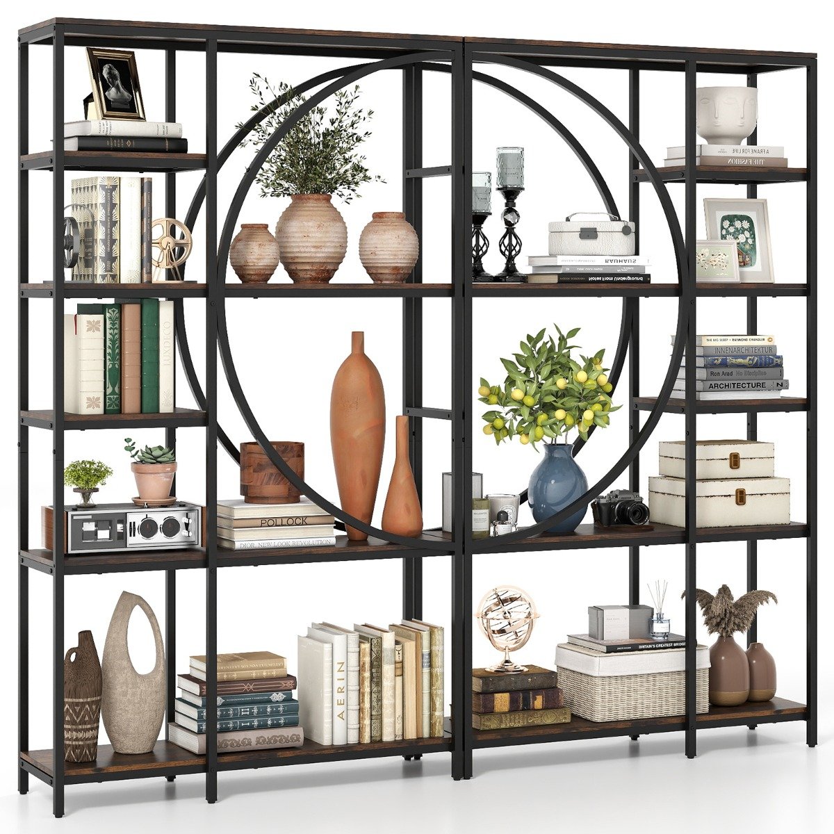 6-Tier Industrial Etagere Bookshelf with Open Storage Shelves and Arc-Shaped Design-Natural