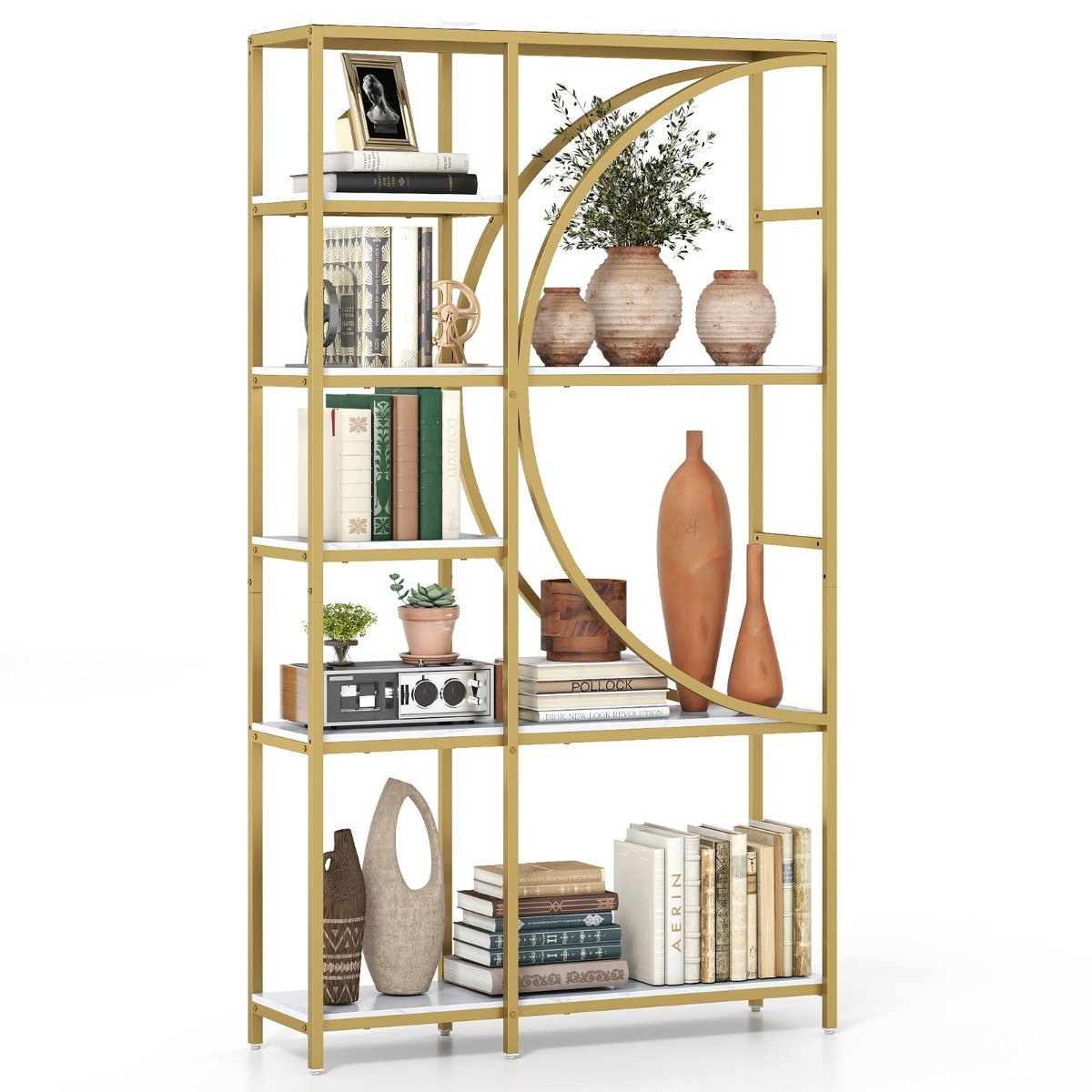 6-Tier Industrial Etagere Bookshelf with Open Storage Shelves and Arc-Shaped Design-Natural