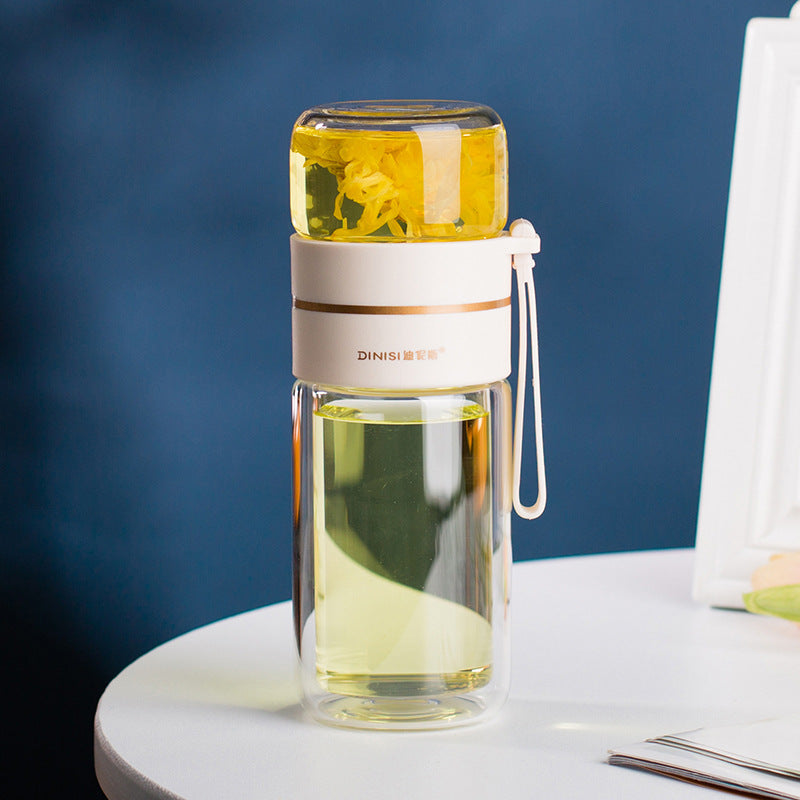 Glass Water Bottle with Tea Infuser - Double Wall Leakproof Tea Separation Bottle