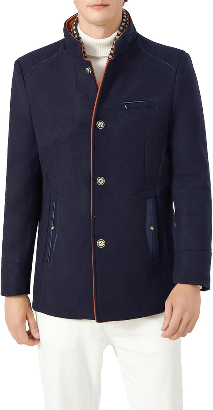 Mens Wool Coat Winter Overcoat Stand Collar Scarf Navy Blue Size M Biutimarden