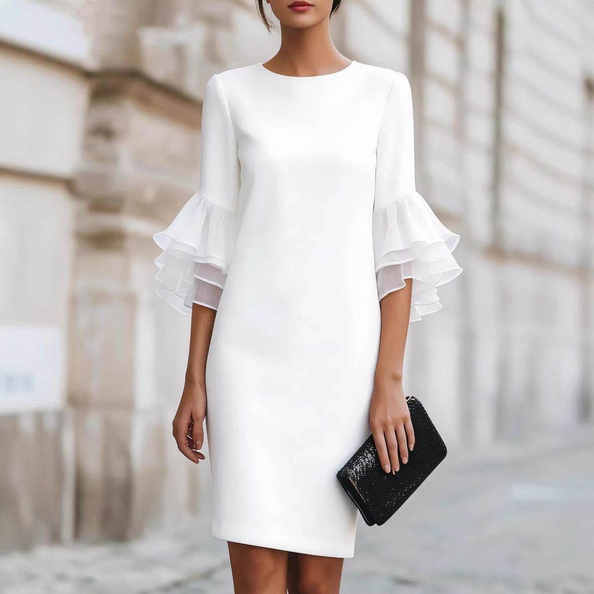 Womens Solid-Colored Ruffle-Trim Flared-Sleeve Slim-Fit Dress
