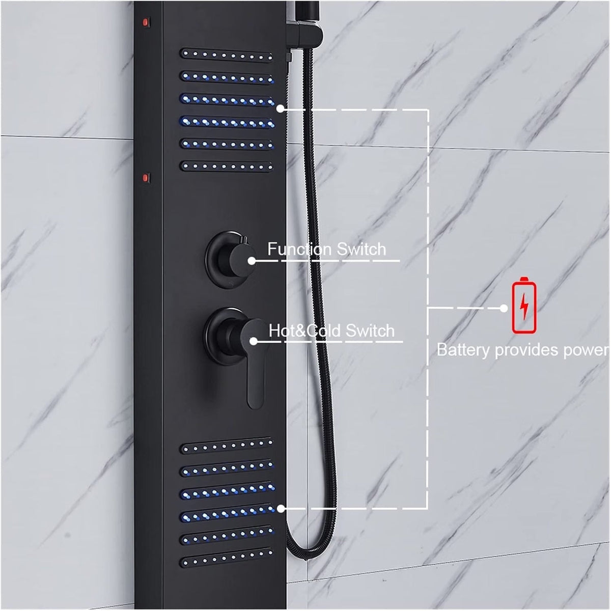 LED Shower Panel Black Rainfall Waterfall Spa Column Dual Mixer Tower