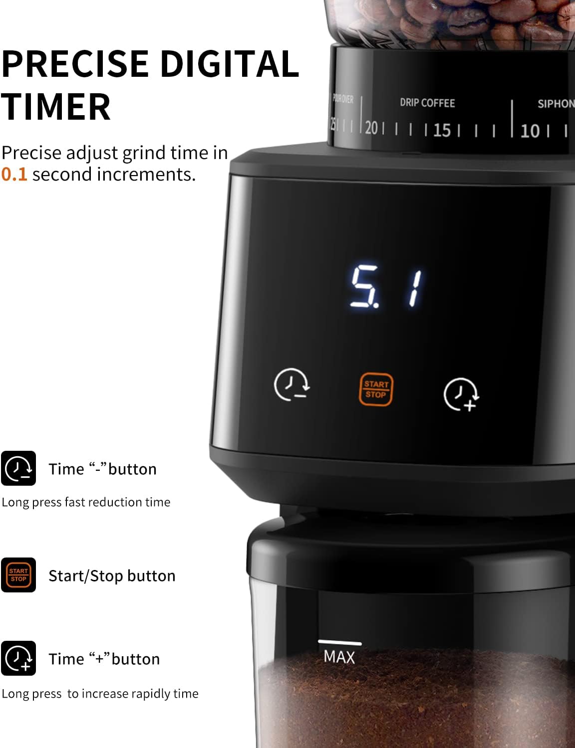 Conical Burr Coffee Grinder Digital Timer 31 Settings Electric Black SHARDOR