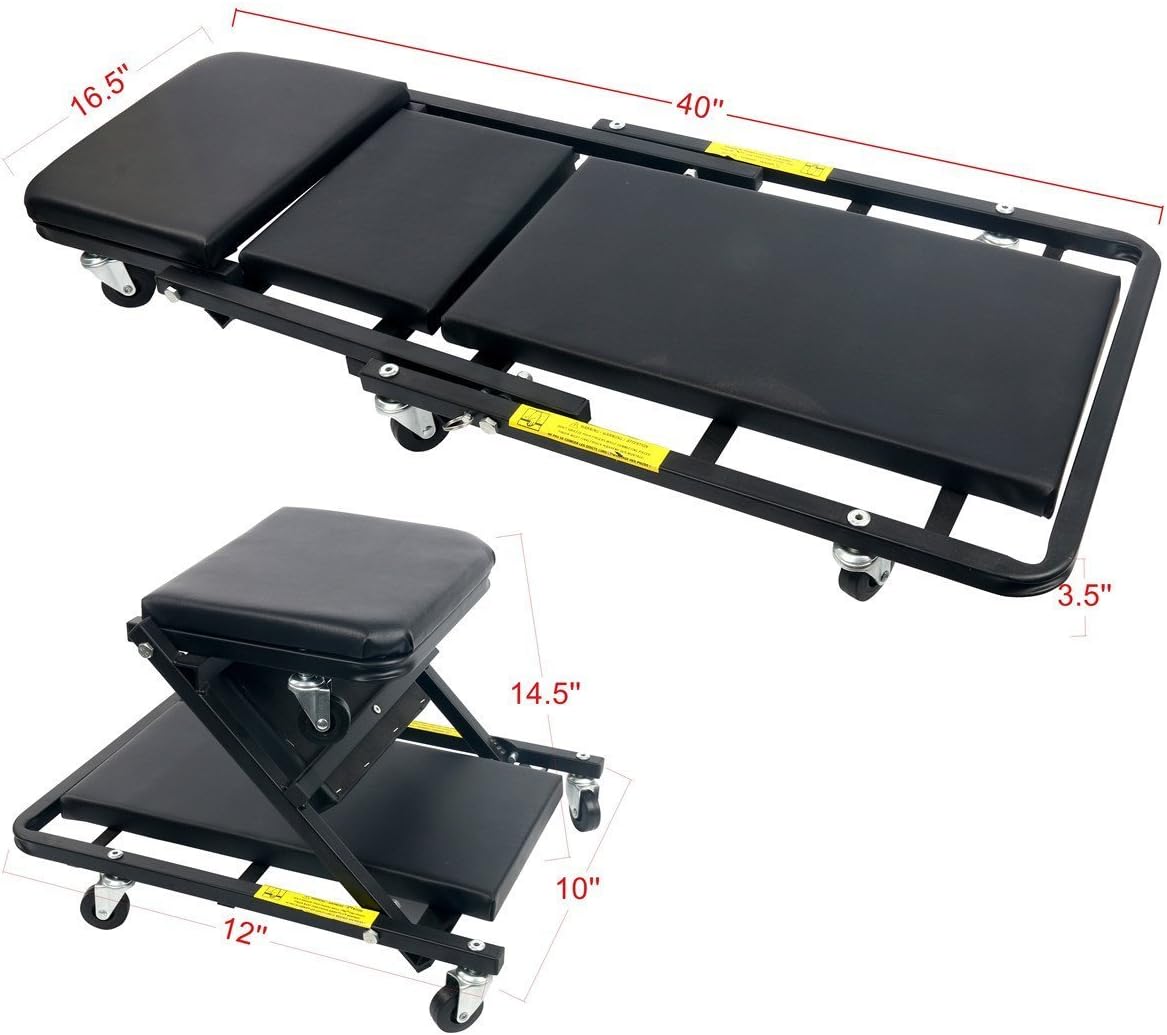 Workshop Creeper 2 in 1 Seat Stool Folding 40 Inch Wheeled 330lbs FreeTec