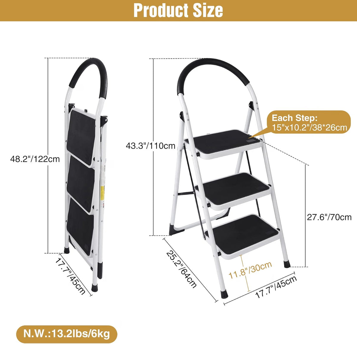 Folding Step Ladder 3 Step with Handrail Heavy Duty Kitchen Steps 330lbs REDCAMP
