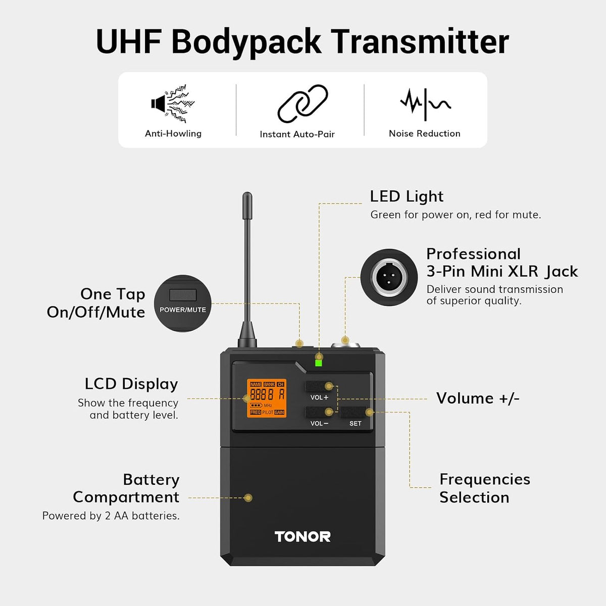Wireless Microphone System UHF Headset Lavalier 60m 10 Channel TONOR