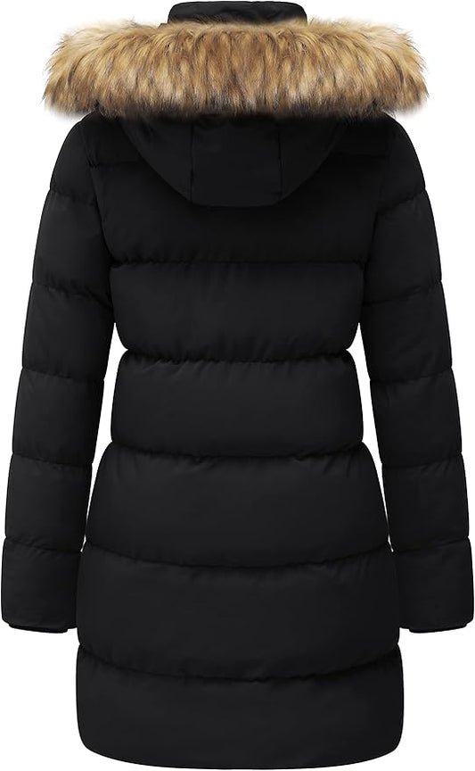 Womens Puffer Coat Winter Warm Faux Fur Removable Hood Black Size L WenVen