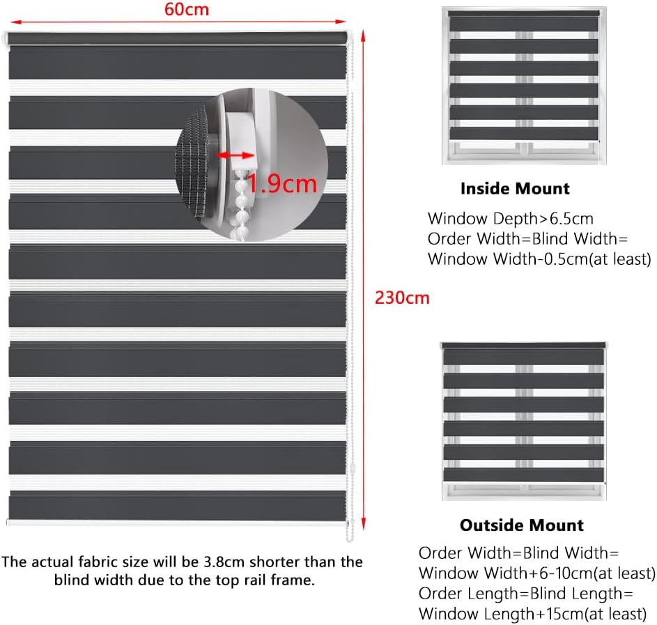Zebra Roller Blind 60x230cm Dark Grey Day and Night Blind Light Filtering