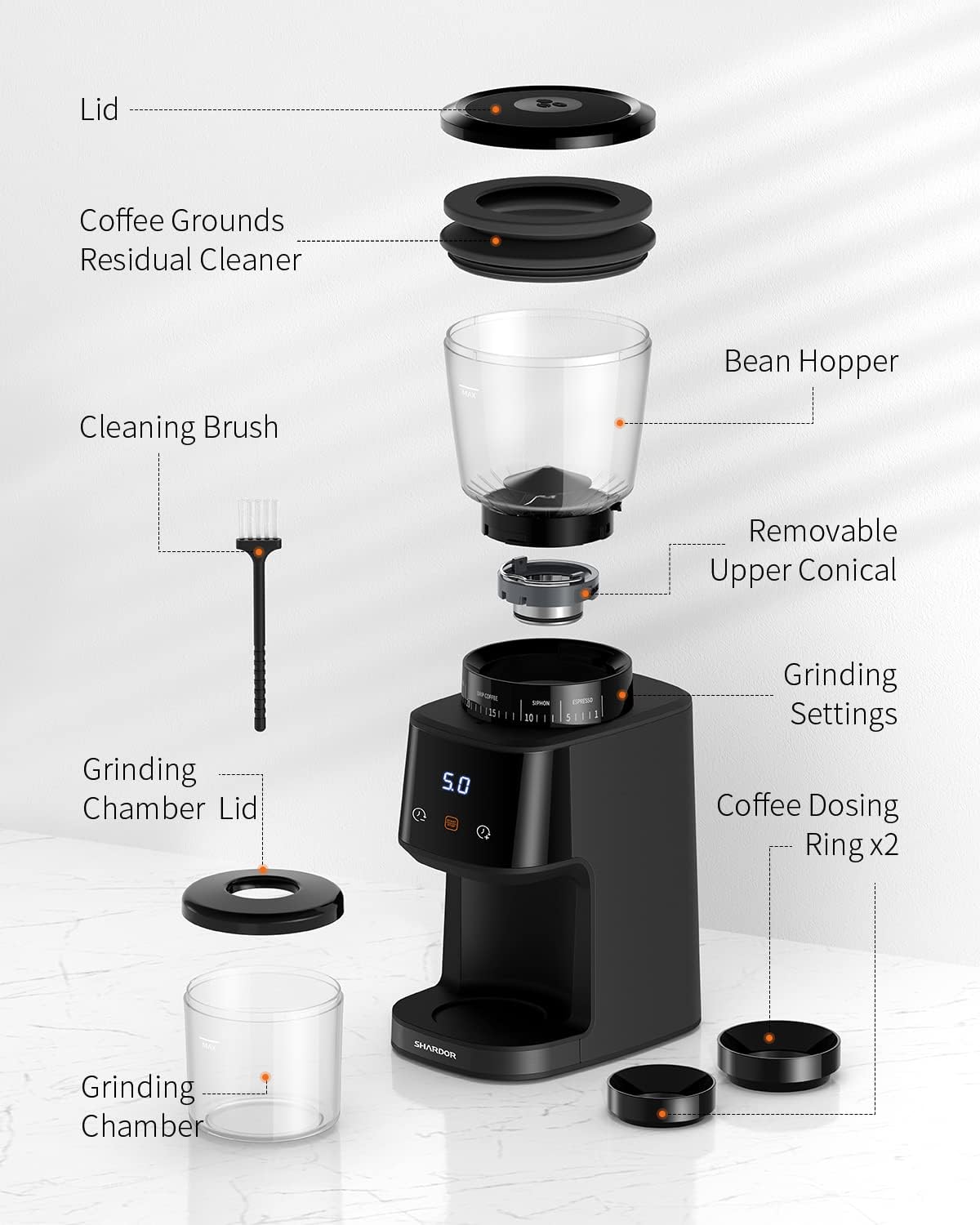 Conical Burr Coffee Grinder Digital Timer 31 Settings Electric Black SHARDOR
