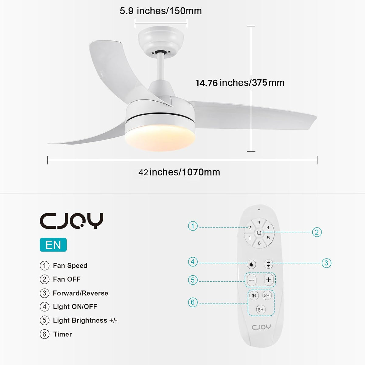 Ceiling Fan With Lights 42 Inch Dimmable Remote DC Reversible CJOY