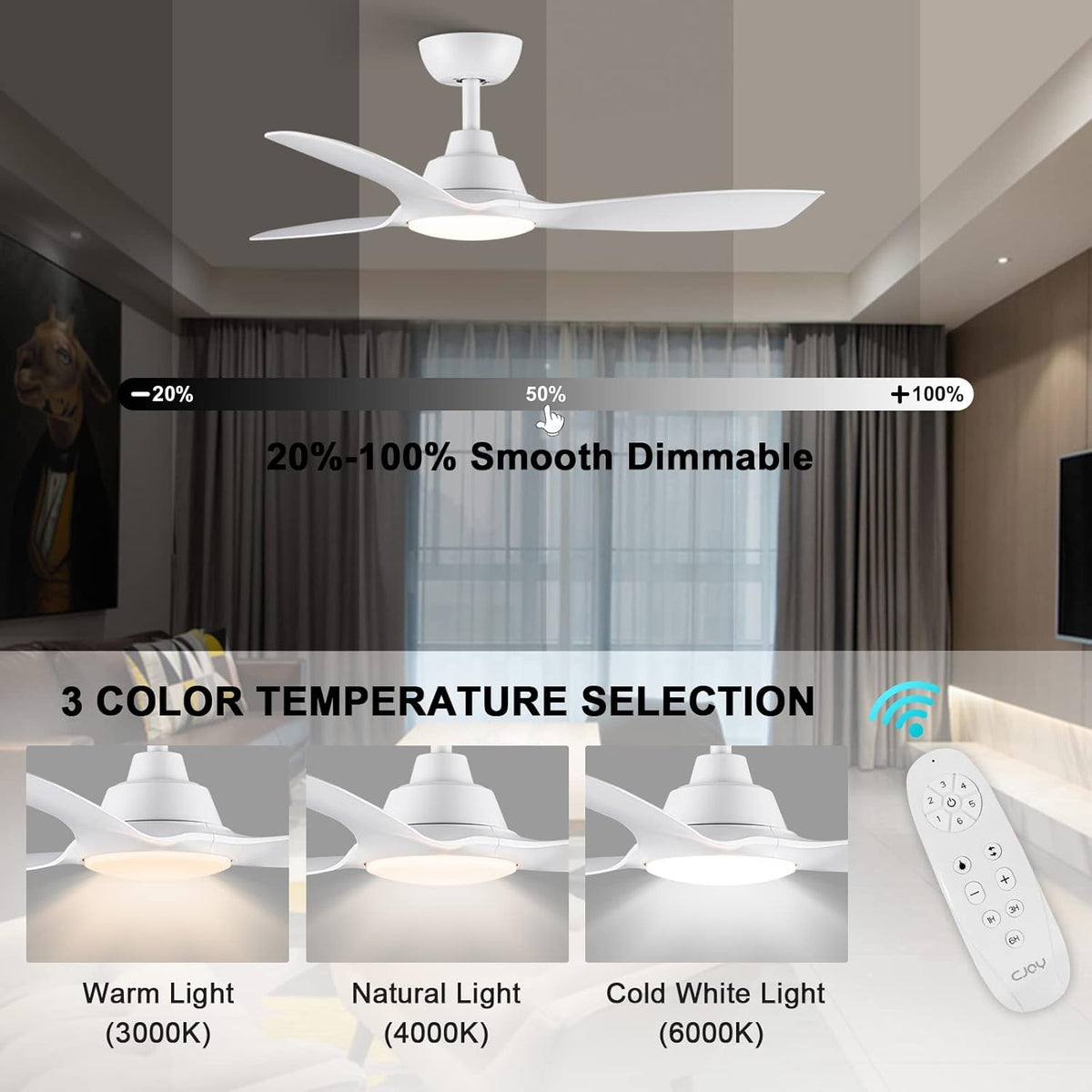 Ceiling Fan With Lights 42 Inch Remote DC Motor White CJOY