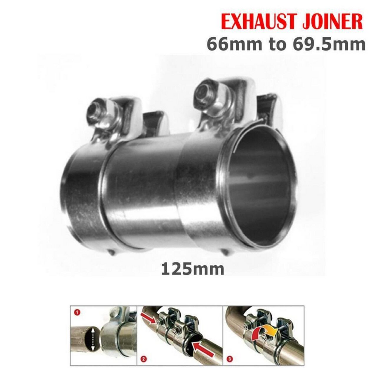 Heavy Duty Adjustable Car Exhaust Pipe Connector Joiner Clamp - 66mm to 69.5mm, 125mm